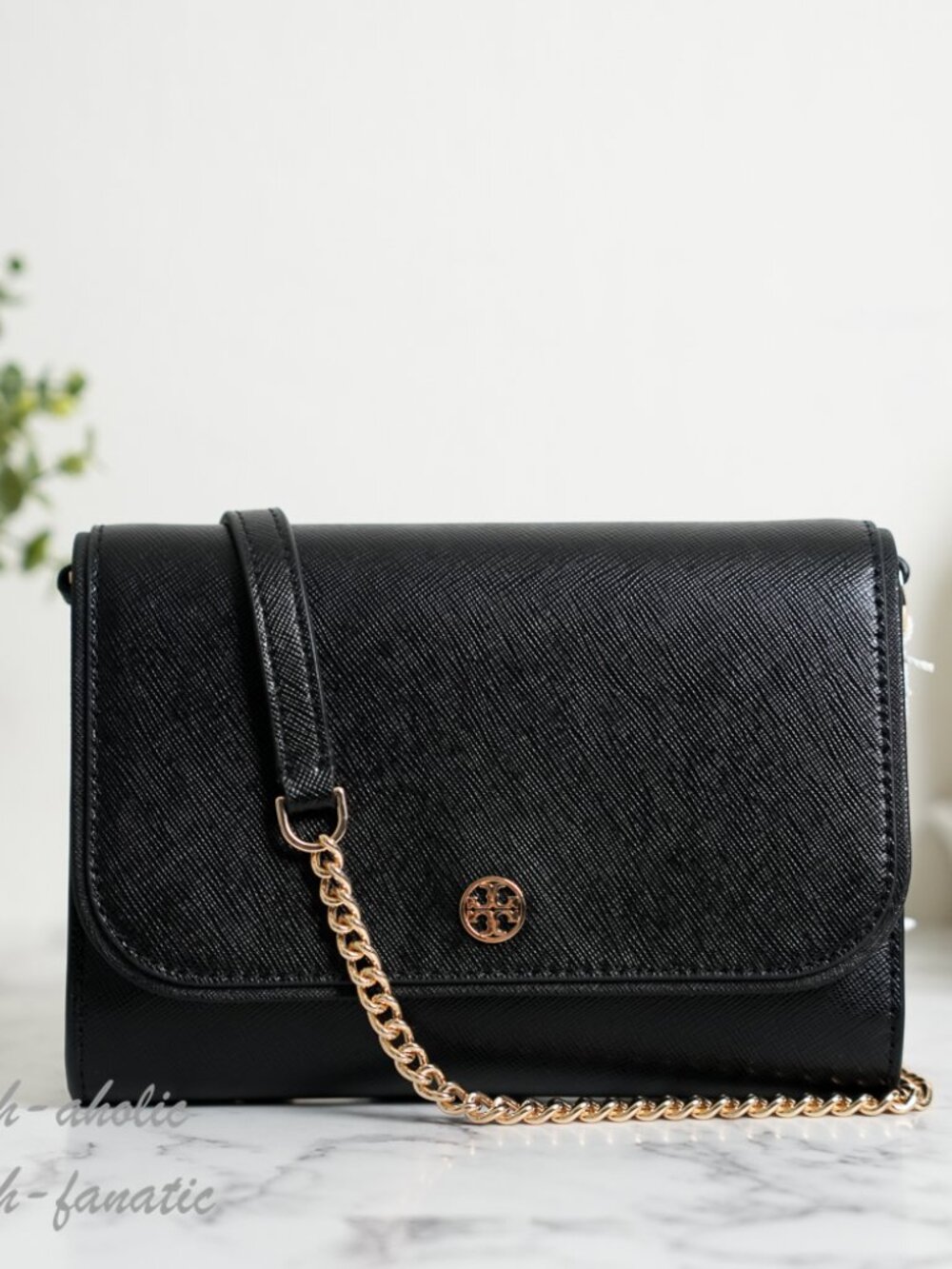 Tory Burch Saffiano Leather Chain Wallet Clutch Crossbody in Black NWT
